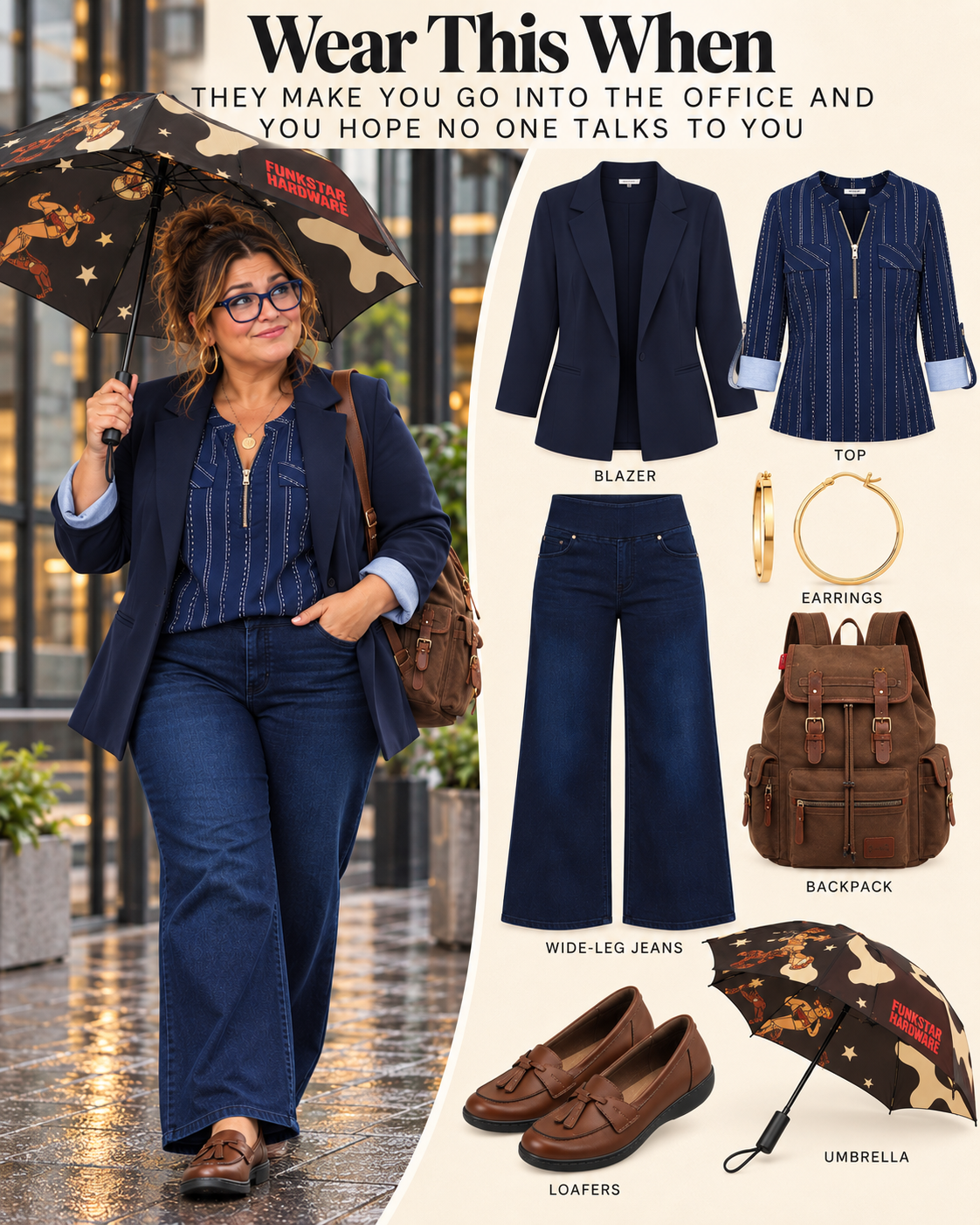 Plus size office outfit collage with a navy blazer, navy striped top, dark wide-leg jeans, brown loafers, gold hoop earrings, a brown backpack and a cowboy print umbrella.