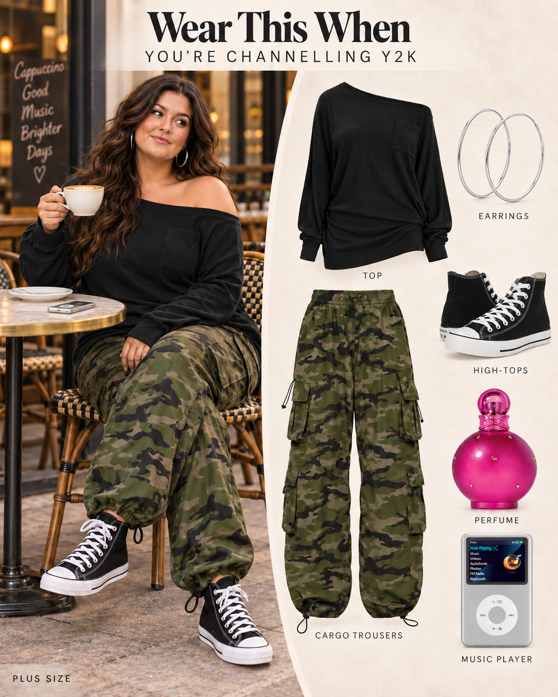 Plus size brunette seated at a café holding a cappuccino, wearing a black off-shoulder top, green camouflage cargo trousers, black high-top trainers and silver hoop earrings, with the six outfit products displayed on a cream panel.
