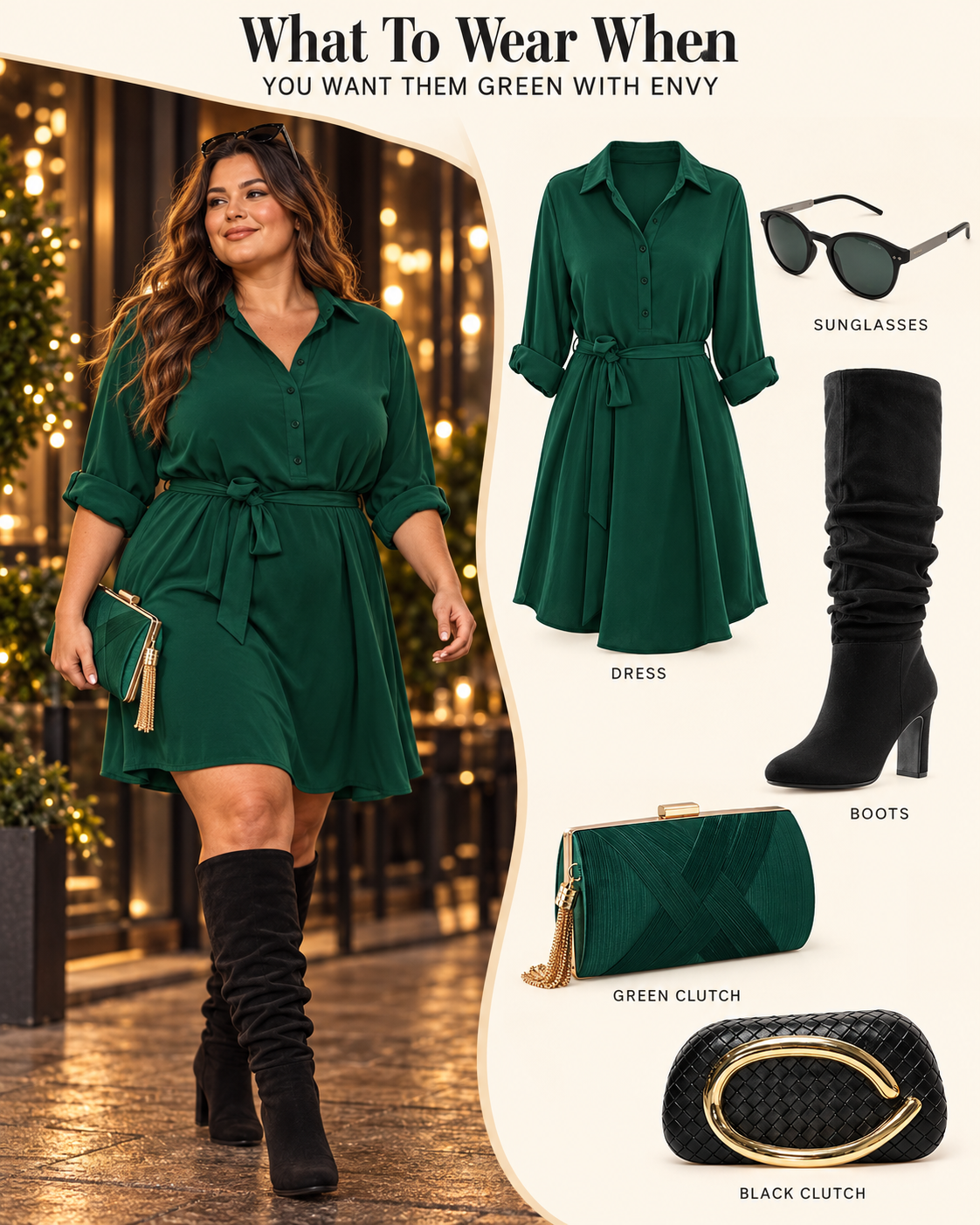 Plus size evening outfit board with a forest-green shirt dress, black knee-high boots, sunglasses and green and black clutch options.