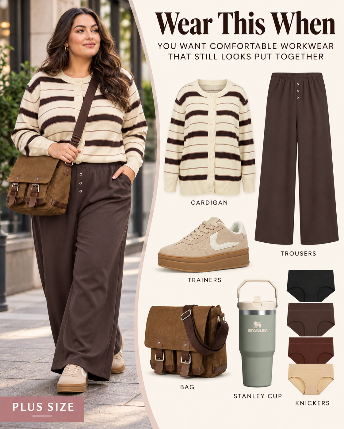 Plus size workwear outfit UK: a woman wearing a cream and chocolate brown striped cardigan, wide leg brown trousers, neutral platform trainers and a brown satchel, with the products and a Stanley cup shown on a cream panel.