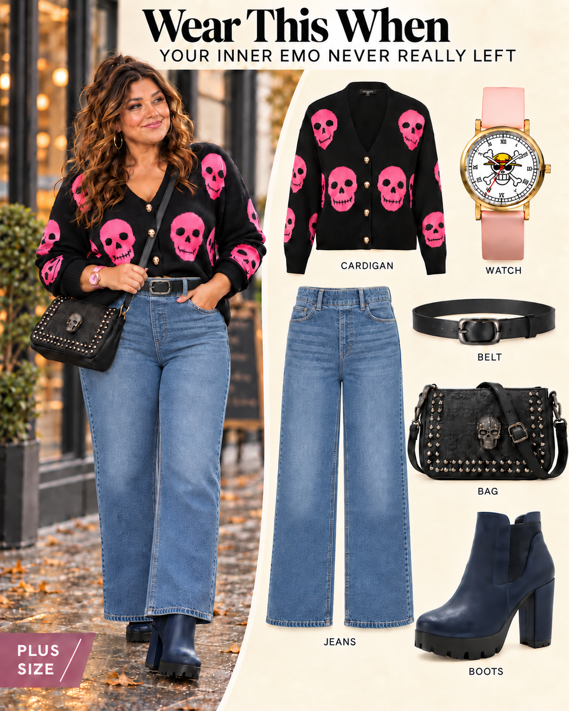 Plus size emo outfit UK: a woman wearing a black and pink skull cardigan from Yours Clothing, light blue plus size wide leg jeans, a black belt, dark platform ankle boots, a pink watch and a studded black skull crossbody bag, with the products shown on a cream panel.