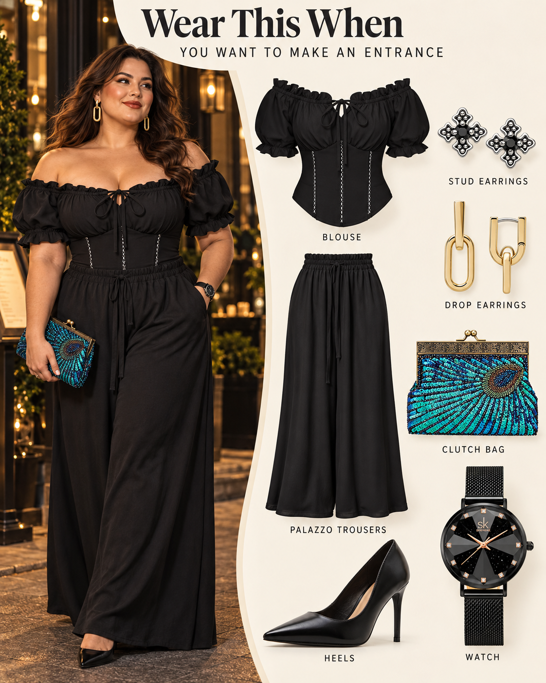 Plus size evening outfit collage with a black corset-style blouse, black palazzo trousers, pointed heels, peacock clutch, earrings and black watch.
