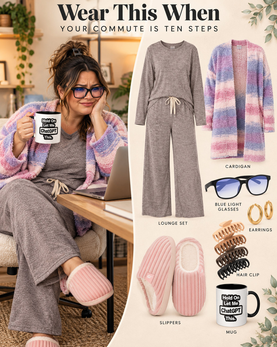 Plus size working from home outfit collage with a grey loungewear set, pastel pink and lilac fluffy cardigan, pink slippers, blue light glasses, claw clips and a Hold On Let Me ChatGPT This mug.