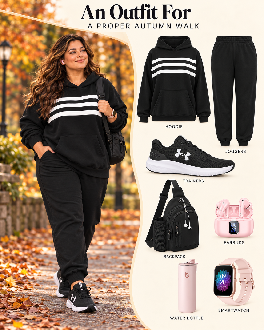 Plus size autumn walk outfit UK: a black striped hoodie, black joggers, Under Armour trainers, a black crossbody bag, pink smartwatch, pink earbuds and a pink water bottle.