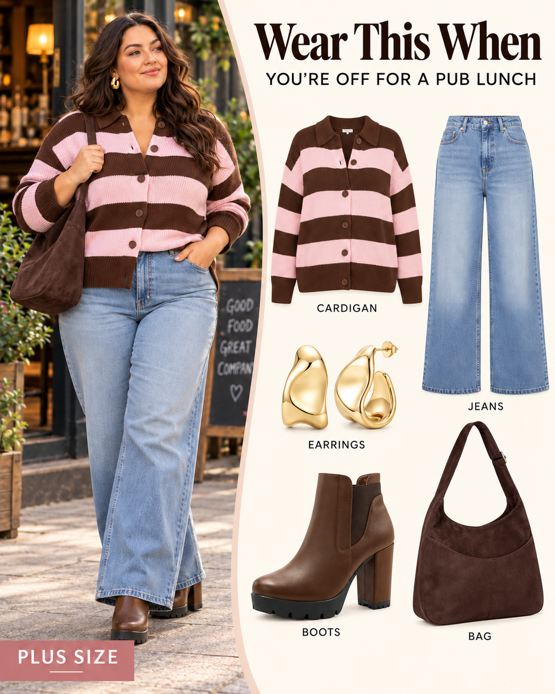 Plus size pub lunch outfit UK: a pink and chocolate brown striped cardigan, light blue wide leg jeans, brown chunky heeled ankle boots, a slouchy brown shoulder bag and chunky gold earrings.