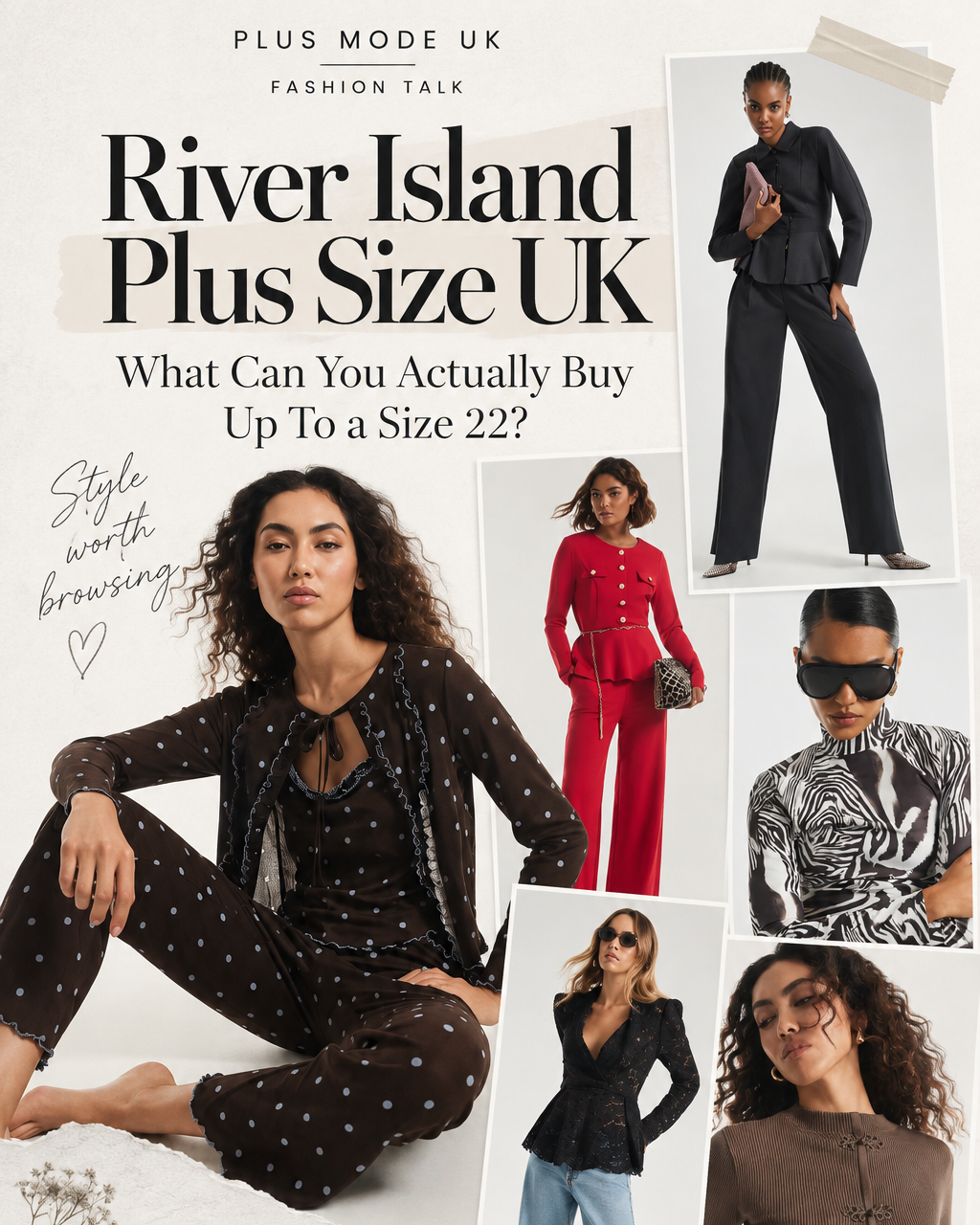 River Island plus size editorial collage featuring women in knitwear, denim, tailoring and monochrome outfits.