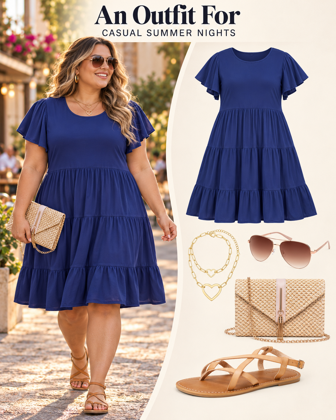 Plus size summer evening outfit board with a royal-blue tiered dress, tan sandals and clutch, gold jewellery and sunglasses.