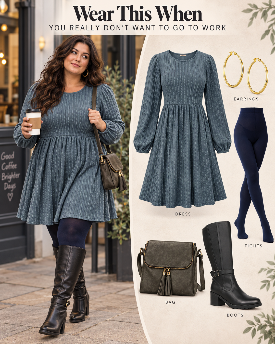 Plus size autumn office outfit board with a blue-grey textured dress, navy tights, black knee-high boots, hoop earrings and tassel bag.