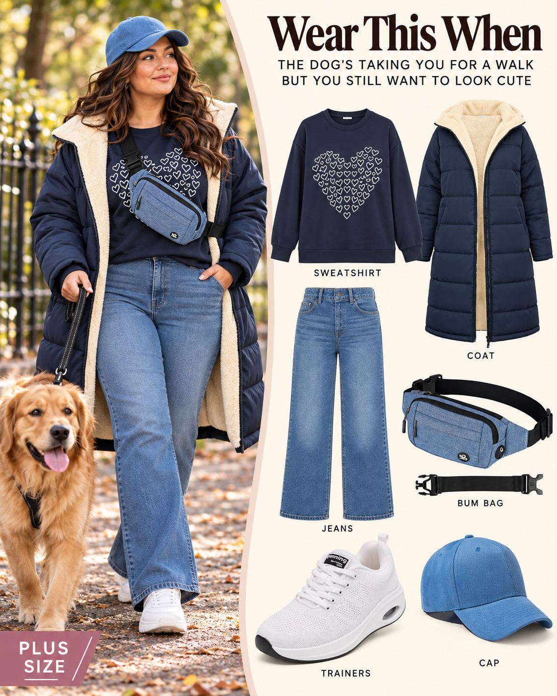 Plus size dog walking outfit UK: a woman walking a golden retriever in a navy heart sweatshirt, light blue jeans, a long navy padded coat, white trainers, a blue cap and a blue bum bag, with the products shown on a cream panel.