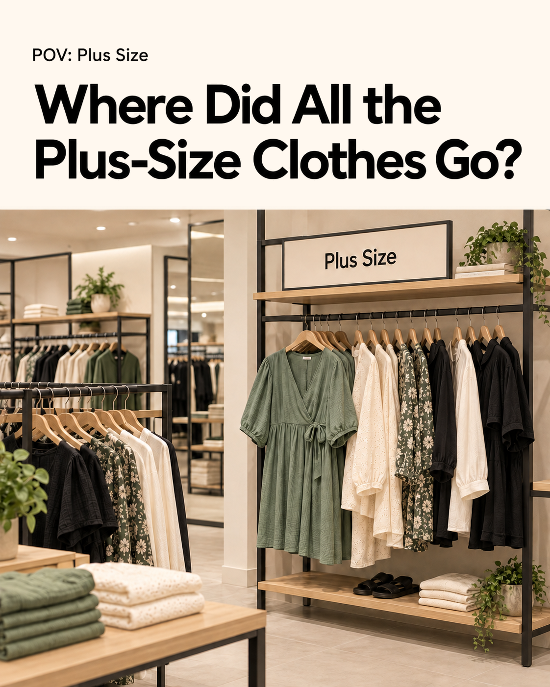 Where Did All the Plus Size Clothes Go? A shop with plus size clothing rails, green and cream garments and changing rooms.