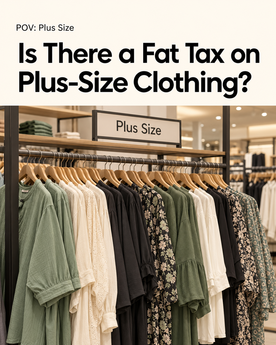 Is There a Fat Tax on Plus Size Clothing? A rail of plus size tops in green, cream, black and floral prints