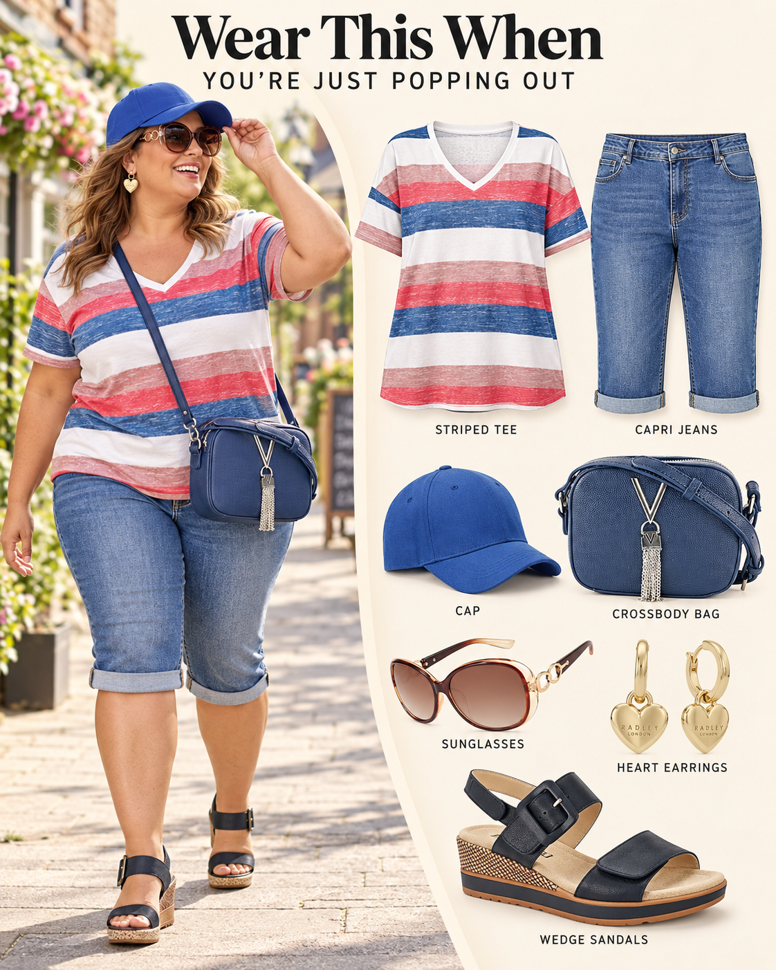 Plus size casual summer outfit board with a striped tee, denim capri jeans, blue cap, navy crossbody bag, sunglasses, earrings and wedge sandals.