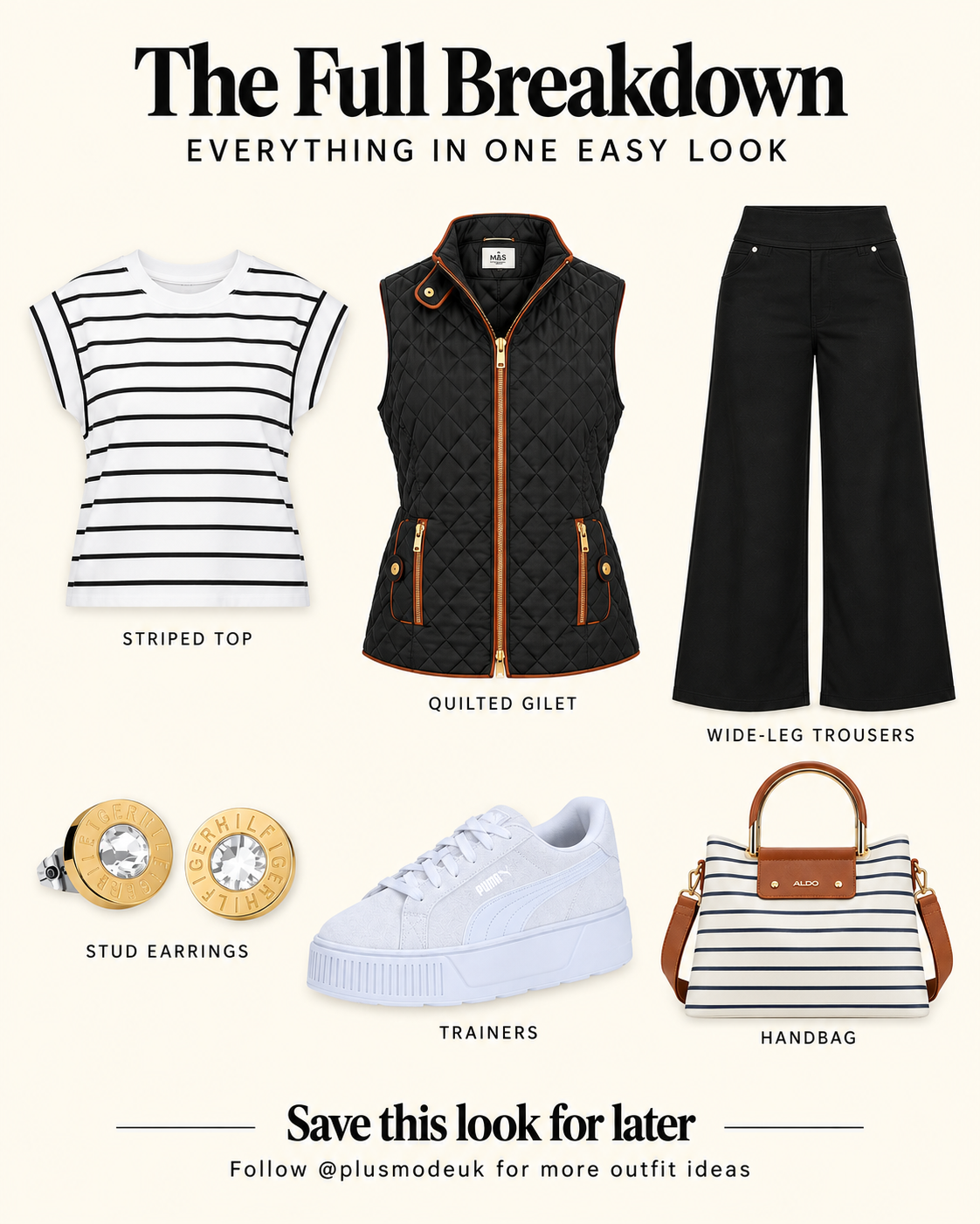The full breakdown of the same plus size outfit shown as individual pieces: striped top, quilted gilet, wide leg trousers, stud earrings, trainers and striped handbag.