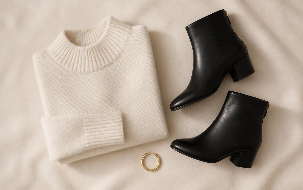 Folded ivory knitwear, black ankle boots and a gold hoop earring on an ivory background