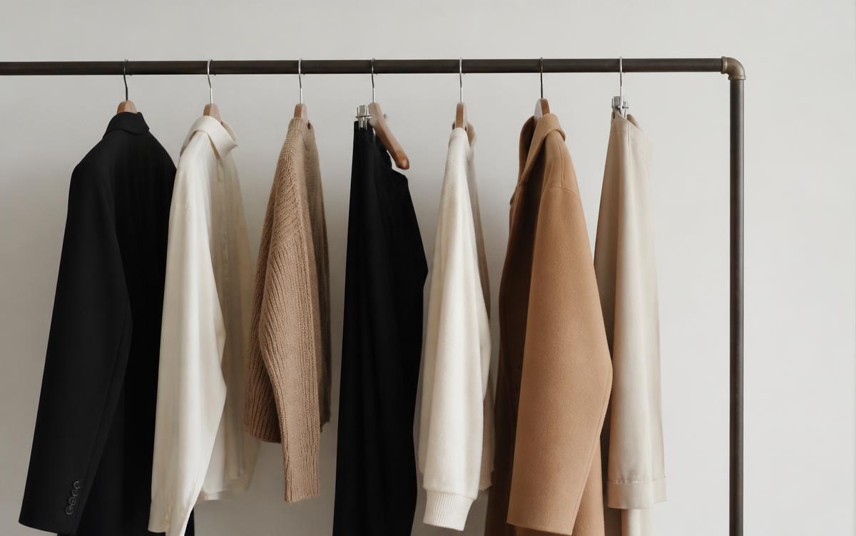 A clothing rail holding black, ivory and camel garments against a plain wall